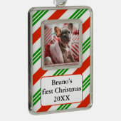 Gestreepte Candy Cane Pet's eerste foto Verzilverd Omlijst Ornament (Rechts)