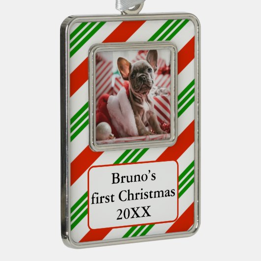 Gestreepte Candy Cane Pet's eerste foto Verzilverd Omlijst Ornament (Rechts)