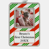 Gestreepte Candy Cane Pet's eerste foto Verzilverd Omlijst Ornament (Voorkant)