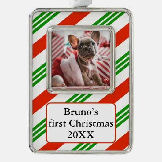 Gestreepte Candy Cane Pet's eerste foto Verzilverd Omlijst Ornament (Voorkant)