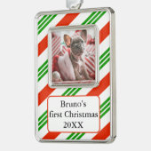 Gestreepte Candy Cane Pet's eerste foto Verzilverd Omlijst Ornament (Links)