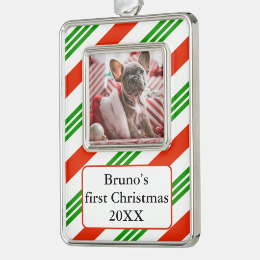 Gestreepte Candy Cane Pet's eerste foto Verzilverd Omlijst Ornament (Links)