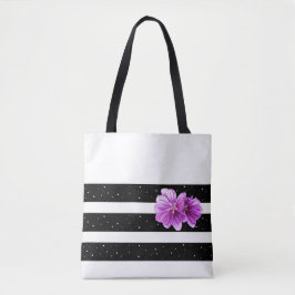 Gestreepte Canvas tas met Paarse bloemenaccent