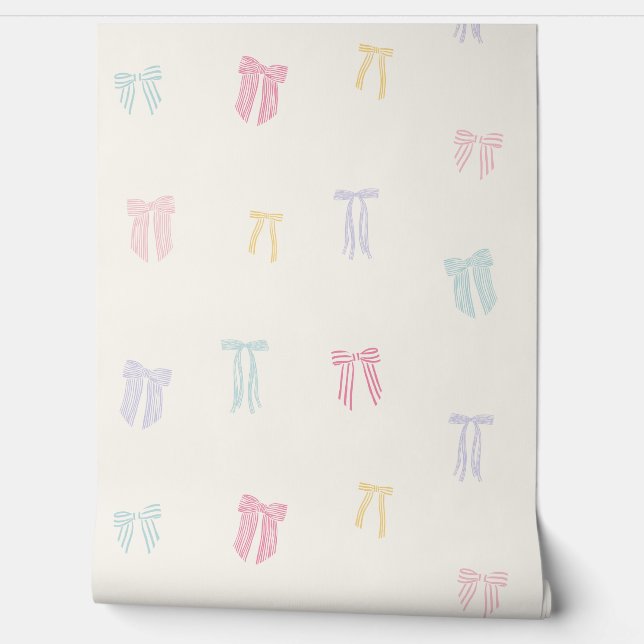 Gestreepte Coquette Bows mint roze geel lila crème Behang (Afrollen)