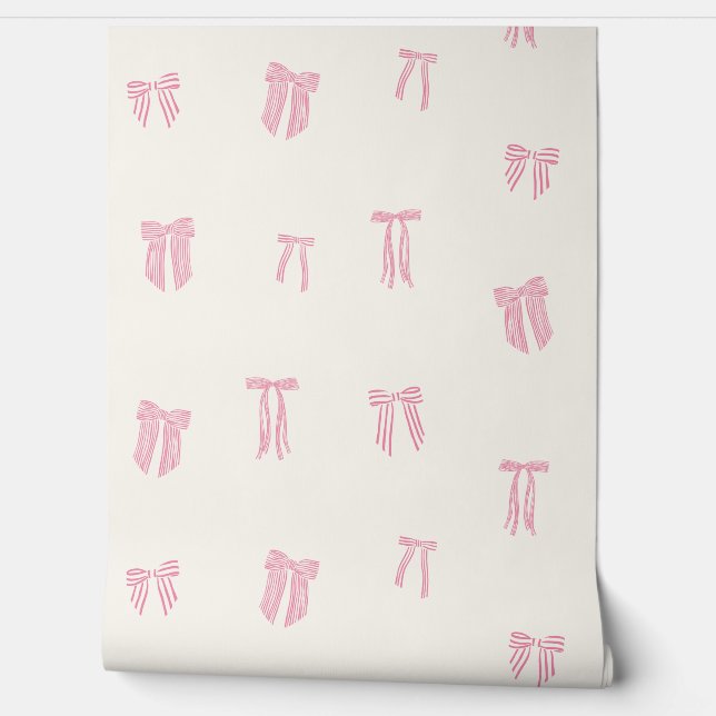 Gestreepte Coquette Bows roze op crème Behang (Afrollen)