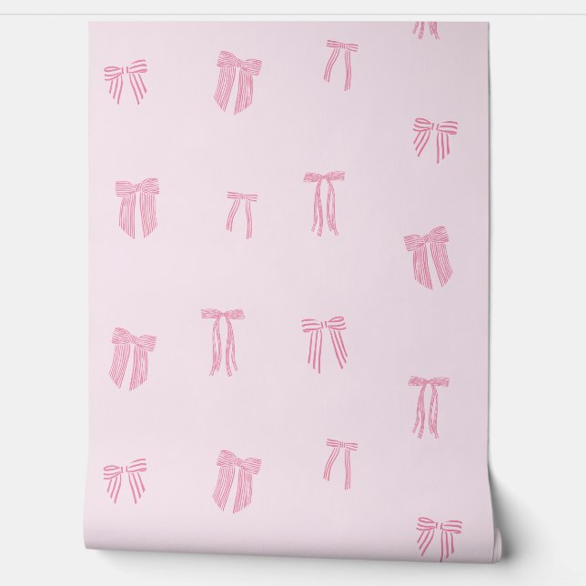 Gestreepte Coquette Bows roze op lichtroze Behang (Afrollen)