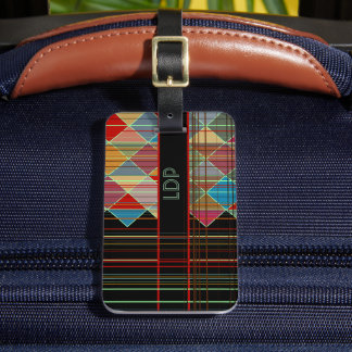 Gestreepte driehoeksvormen met Initialen op zwart Bagagelabel