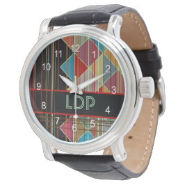 Gestreepte driehoeksvormen met Initialen op zwart Horloge