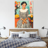 Gestreepte elegantie met bloemen canvas afdruk (Insitu (Slaapkamer))