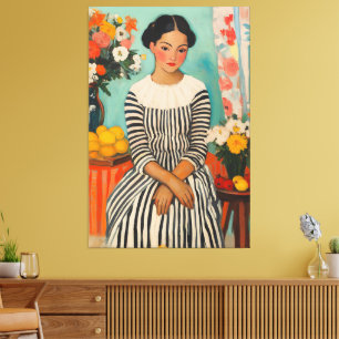 Gestreepte elegantie met bloemen canvas afdruk