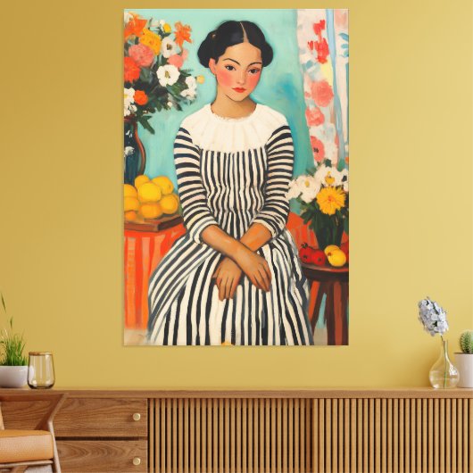 Gestreepte elegantie met bloemen canvas afdruk (Insitu (Woonkamer))
