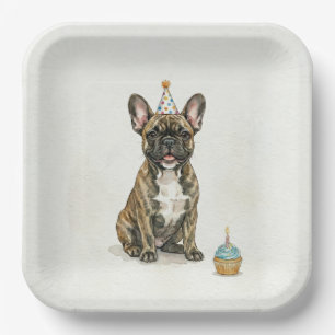 Gestreepte Franse Bulldog Verjaardagsfeesthoed Cup Papieren Bordje