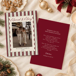 Gestreepte Getrouwd & Vrolijk Foto Kerstmis Feestdagenkaart