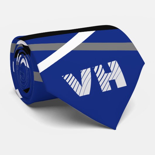 Gestreepte gitaarblauw grijs wit zwarte Initialen Stropdas (Opgerold)