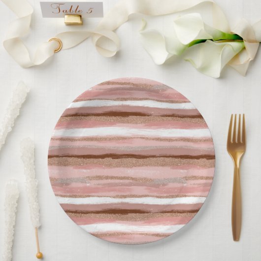 Gestreepte gouden glitter roze papier Borden Papieren Bordje (Huwelijk)