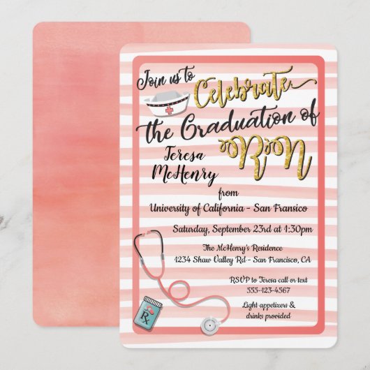 Gestreepte gouden & koraalverpleegkundige Uitnodig Kaart (Voorkant / Achterkant)