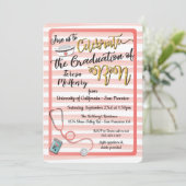 Gestreepte gouden & koraalverpleegkundige Uitnodig Kaart (Staand voorkant)