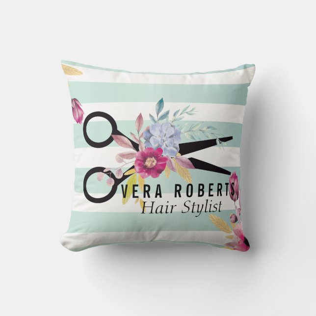 Gestreepte Gouden Schaar & Schoonheidssalon Bloeme Kussen (Voorkant)