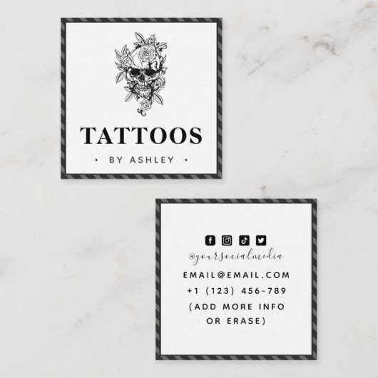 Gestreepte grijs gotische & bloemige schedel Tatto Vierkante Visitekaartje (Voorkant / Achterkant)