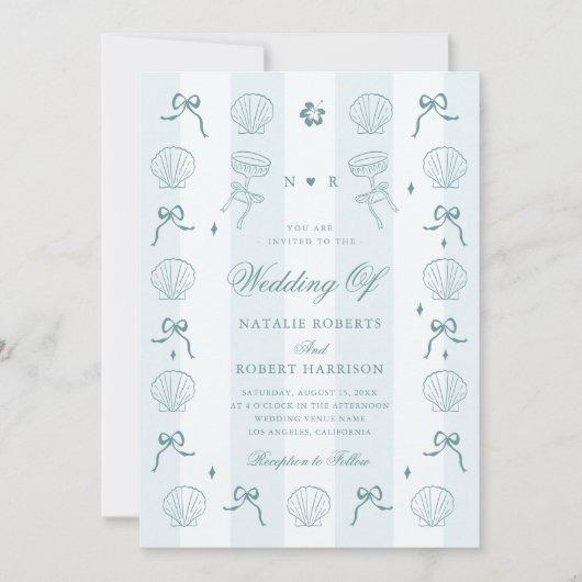 Gestreepte Hand Getrokken Kust Blauwe Bow Shell We Kaart (Voorkant)