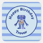 Gestreepte Happy Birthday Blue Gold Robot met naam Vierkante Sticker (Voorkant)
