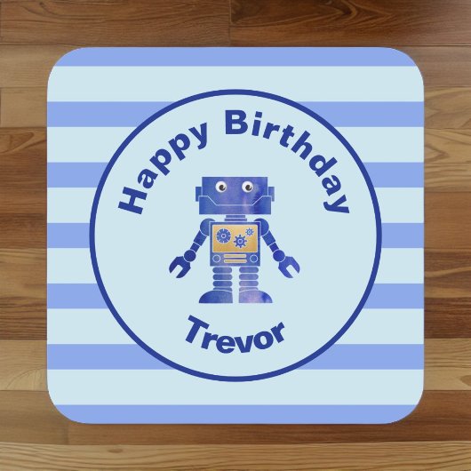 Gestreepte Happy Birthday Blue Gold Robot met naam Vierkante Sticker