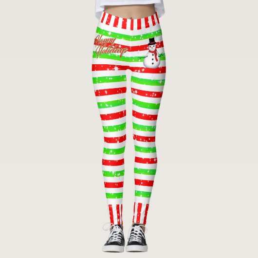 Gestreepte Happy Festive met Snowman en Snowflakes Leggings (Voorkant)