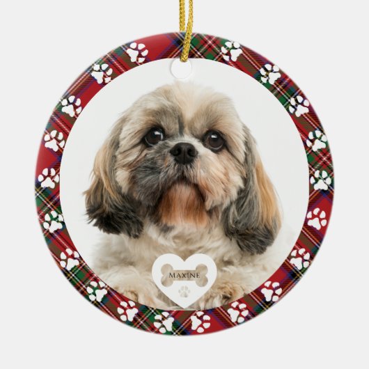 Gestreepte huisdierhond foto kerst Stewart tartan Keramisch Ornament (Voorkant)