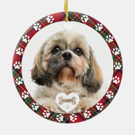 Gestreepte huisdierhond foto kerst Stewart tartan  Keramisch Ornament (Achterkant)