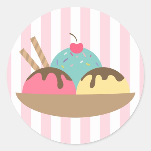 Gestreepte Ice Cream Sundae Ronde Sticker (Voorkant)