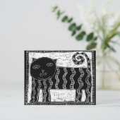Gestreepte illustratie van een zwart-witte kat briefkaart (Staand voorkant)