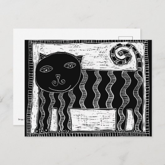 Gestreepte illustratie van een zwart-witte kat briefkaart (Voorkant / Achterkant)