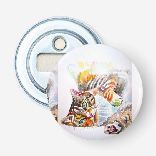 Gestreepte Kat Aquarel Katten Favoriet Bloem Button Flesopener (Voorkant)