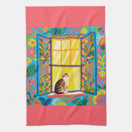 Gestreepte kat bij zonnig raam T handdoek | Kleurr