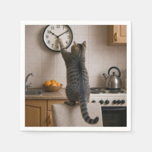 Gestreepte Kat die de Tijd op een Klok Verandert Servet