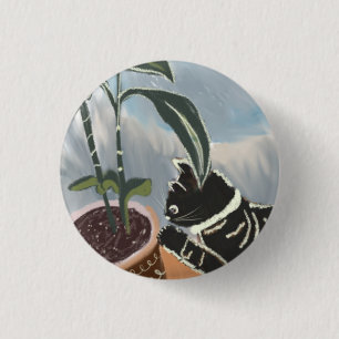Gestreepte kat die huisplanten bekijkt ronde button 3,2 cm