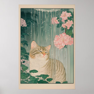 Gestreepte Kat Doucheprint Ukiyo-e Botanische Badk Poster