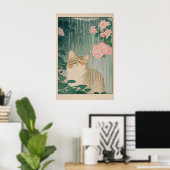 Gestreepte Kat Doucheprint Ukiyo-e Botanische Badk Poster (Thuiskantoor)