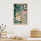 Gestreepte Kat Doucheprint Ukiyo-e Botanische Badk Poster (Keuken)