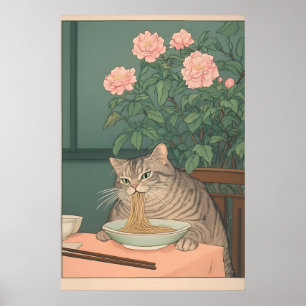 Gestreepte Kat Eet Noedels Ukiyo-e Kunstprint Poster