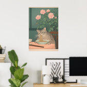 Gestreepte Kat Eet Noedels Ukiyo-e Kunstprint Poster (Thuiskantoor)