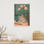 Gestreepte Kat Eet Noedels Ukiyo-e Kunstprint Poster (Keuken)
