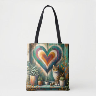 Gestreepte Kat en Hart Landelijke Kleurrijke Kunst Tote Bag