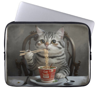 Gestreepte Kat Genieten Beker Noedels Laptop Sleeve