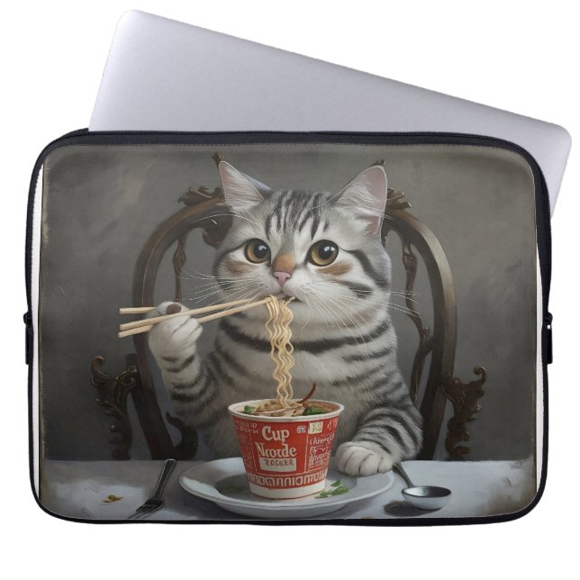 Gestreepte Kat Genieten Beker Noedels Laptop Sleeve (Voorkant)