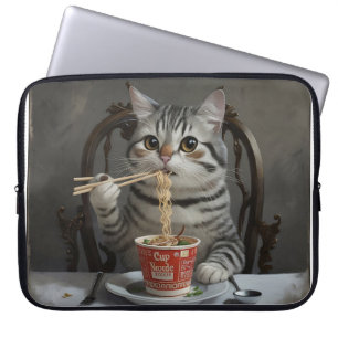 Gestreepte Kat Genieten Beker Noedels Laptop Sleeve