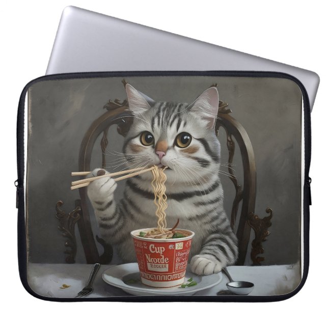 Gestreepte Kat Genieten Beker Noedels Laptop Sleeve (Voorkant)