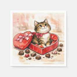 Gestreepte kat in een Valentijnshart bonbondoos Servet