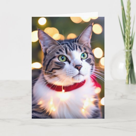 Gestreepte kat in kerstverlichting feestdagen kaart (Voorkant)