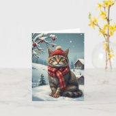 Gestreepte kat in nette winterkleding en hoed Wint Kaart (Gele Bloem)